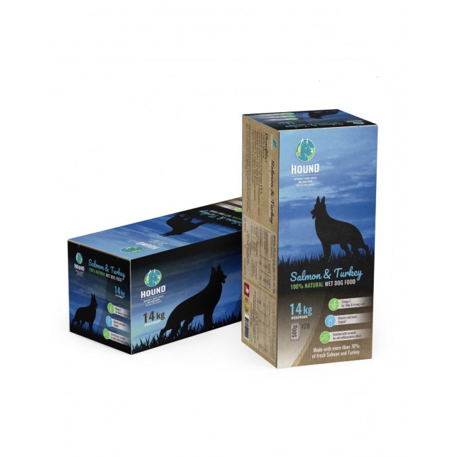 האונד מזון טבעי לכלבים ללא קירור - **סלמון הודו וירקות 14 ק״ג**